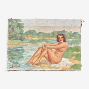 Peinture à l’huile antique française sur toile des années 1940. Baignez-vous au bord de la rivière. Rivière Woman.
