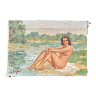 Peinture à l’huile antique française sur toile des années 1940. Baignez-vous au bord de la rivière. Rivière Woman.