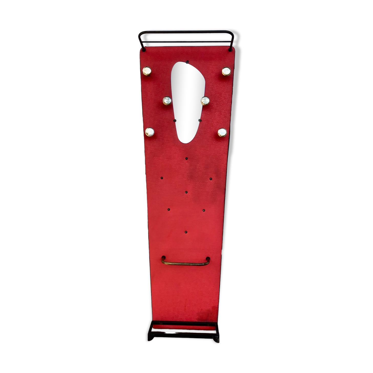 Porte-manteau rouge 1950 miroir forme libre patères laiton