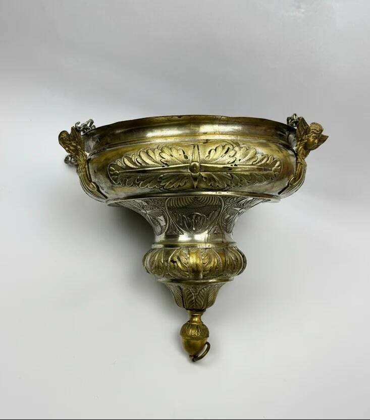 Ancient sanctuary lamp, silver-plated brass, winged angel, 130 cm.