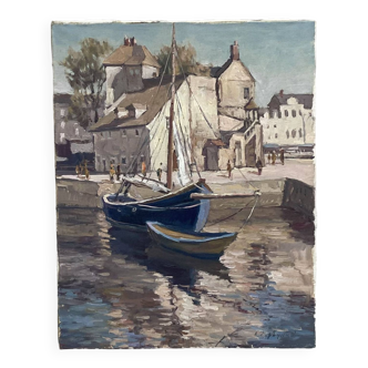 Painting signed Oil on canvas “City Honfleur, Normandy” dimension: height -50cm- Width -40cm-