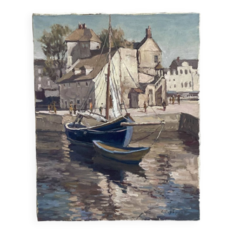 Tableau signé Huile sur toile « Ville Honfleur,Normandie » dimension : hauteur -50cm- Largeur -40cm-