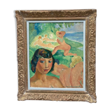 Huile sur toile par Emile Compard portrait de femmes et composition