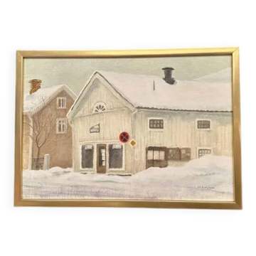 Original Swedish Oil on Canvas - "Snowfall" by Gertove Gustafsson - Signed - Vintage and Framed - 58 × 41 cm