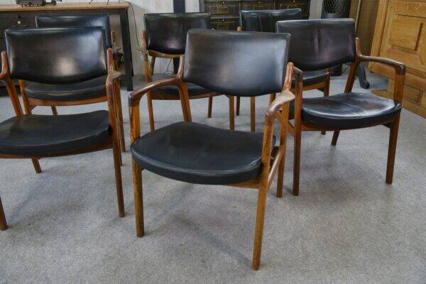 Ensemble de 6 fauteuils scandinaves en cuir et palissandre par Gondo Gravesen pour l’Atelier Bondo Gravesen Snedkerier 1960’s