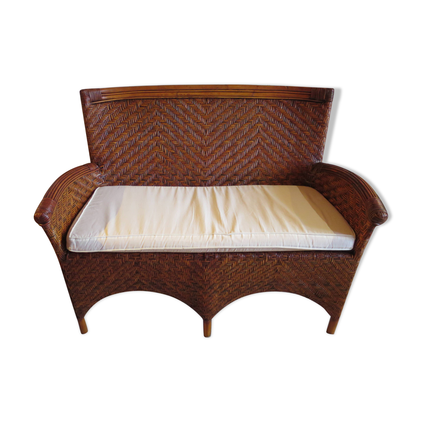 Two-seater banquette in woven rattan, wood and bamboo, 1980s.