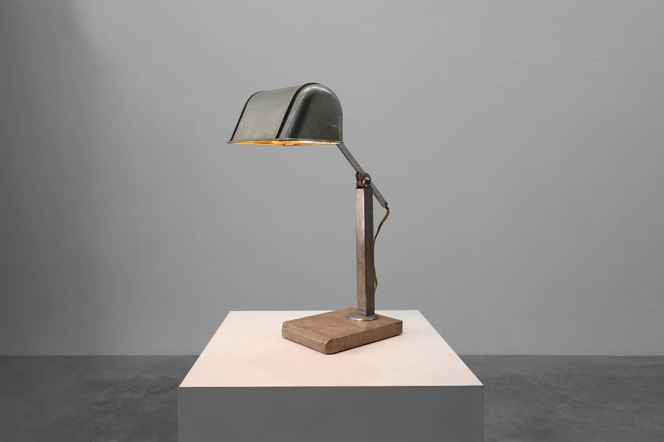 Art Deco Industrial metal and travertine Desk Lamp, Belgium 1930s