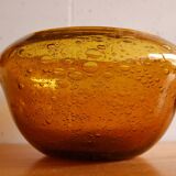Vintage amber blown bubble glass salad bowl and ladle.