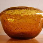 Vintage amber blown bubble glass salad bowl and ladle.