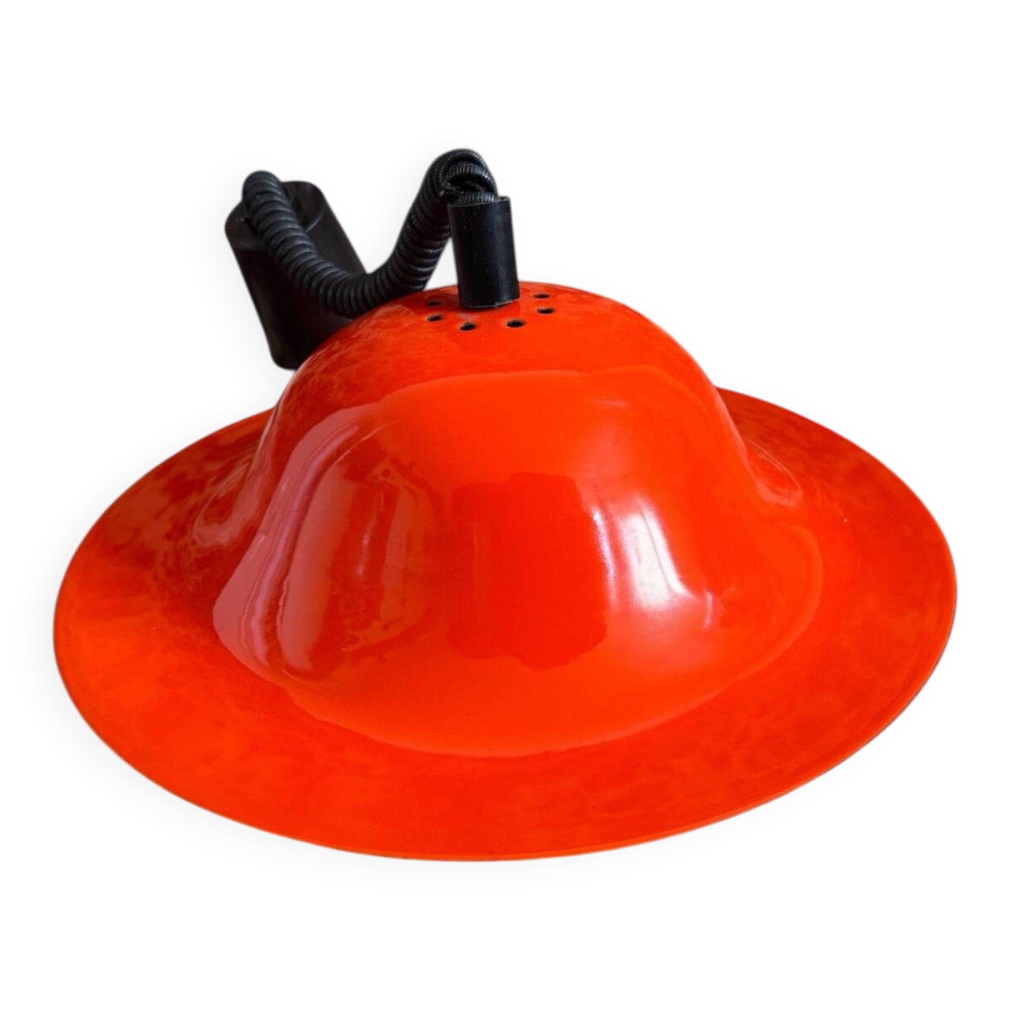 Vintage orange enameled metal pendant light – space age design – 1970s