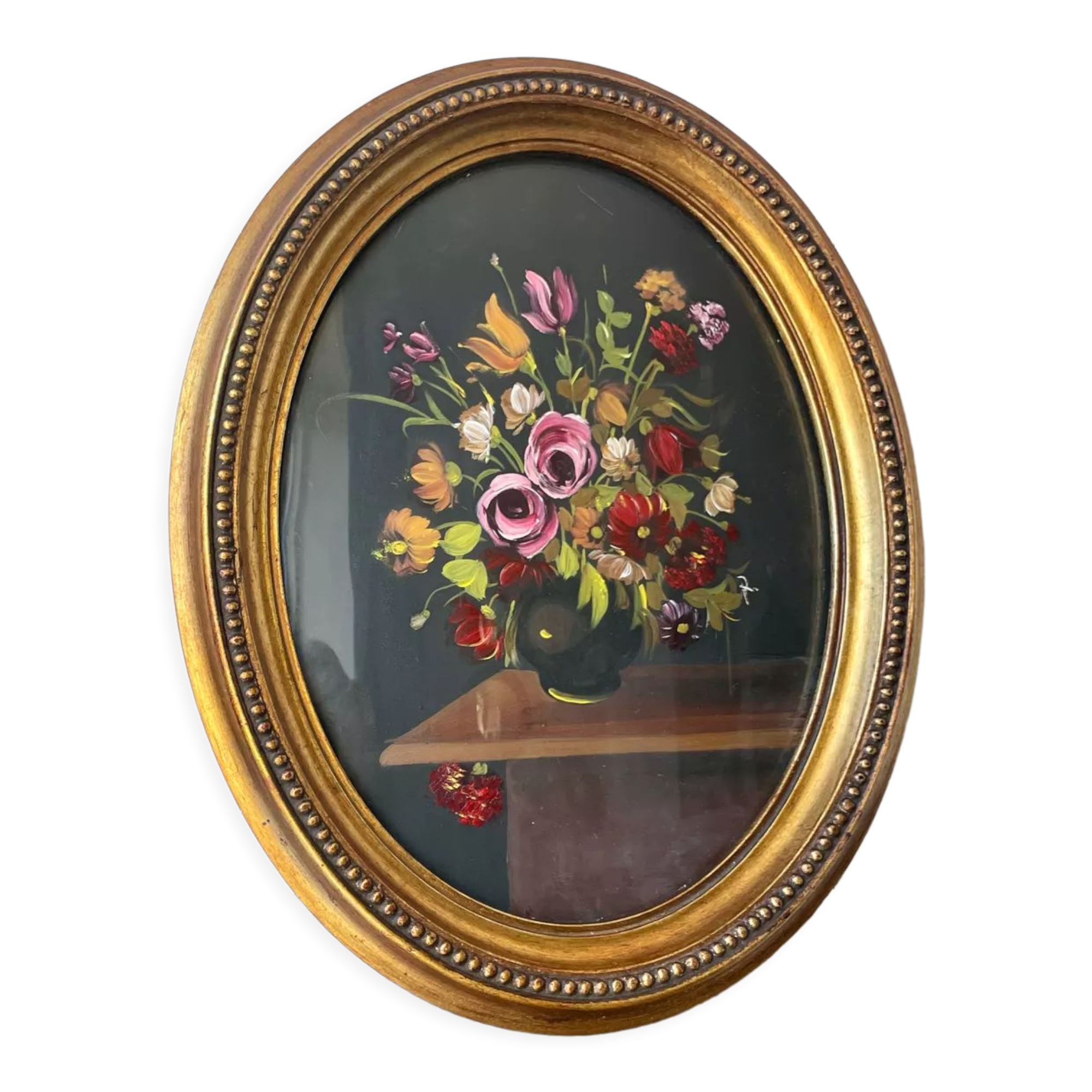 Painting of Flower arrangement in Oval Frame gilded wood measurements 29 cm x 23 cm CONVEX glass