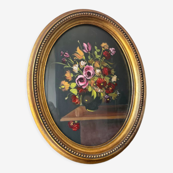 Peinture de la composition florale dans un cadre ovale en bois doré mesures 29 cm x 23 cm verre CONVEXE