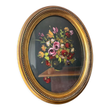 Peinture de la composition florale dans un cadre ovale en bois doré mesures 29 cm x 23 cm verre CONVEXE