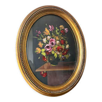 Peinture de la composition florale dans un cadre ovale en bois doré mesures 29 cm x 23 cm verre CONVEXE