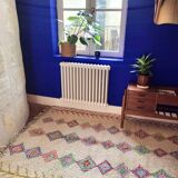 Pastel Béni Ouarain Berber rug with multi-colored Azilal patterns