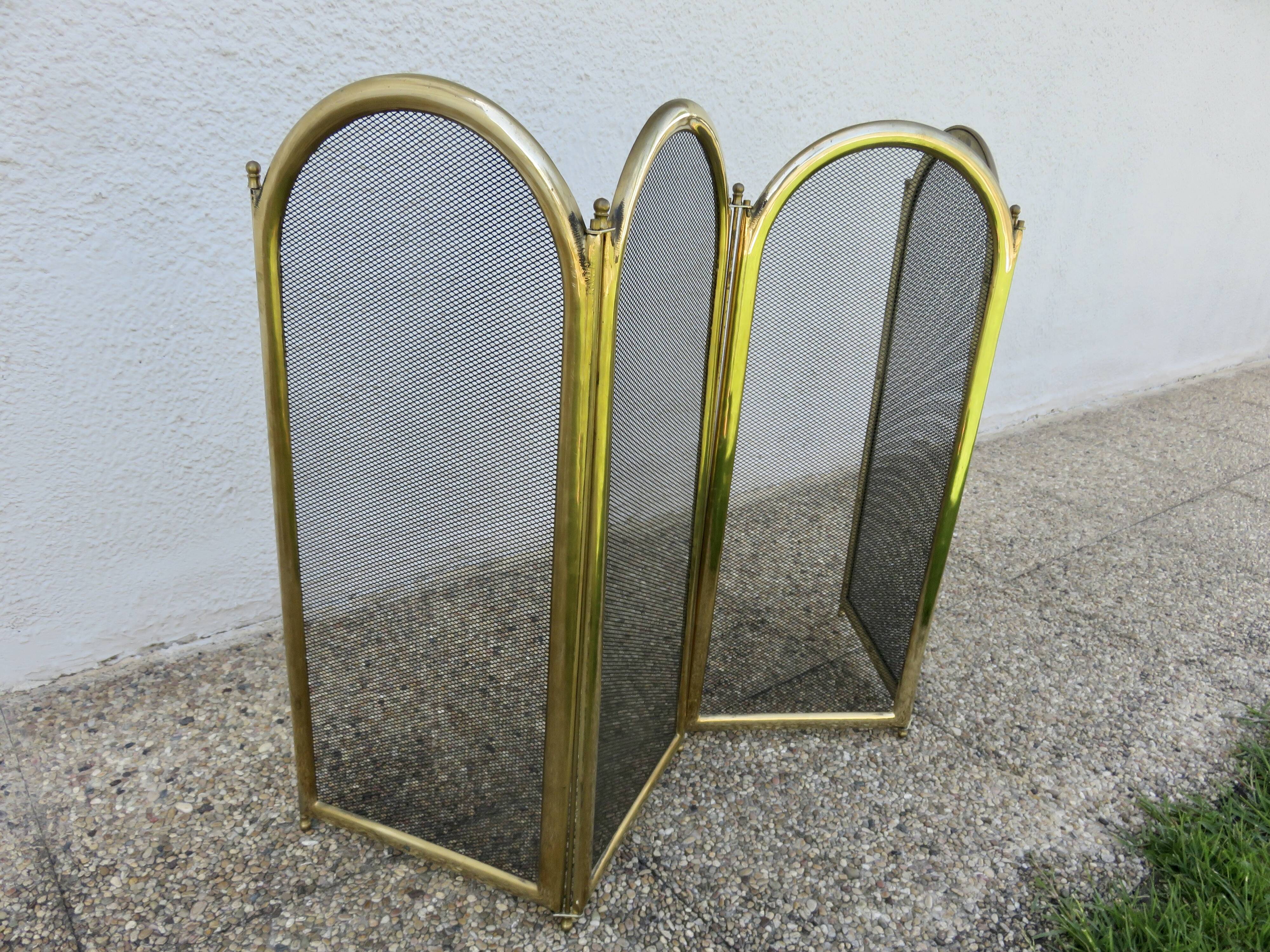 Fireplace screen, spark guard, brass, gilded, 4 panels, 1950.