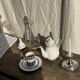 White earthenware teapot with blue and silver trim H22.5