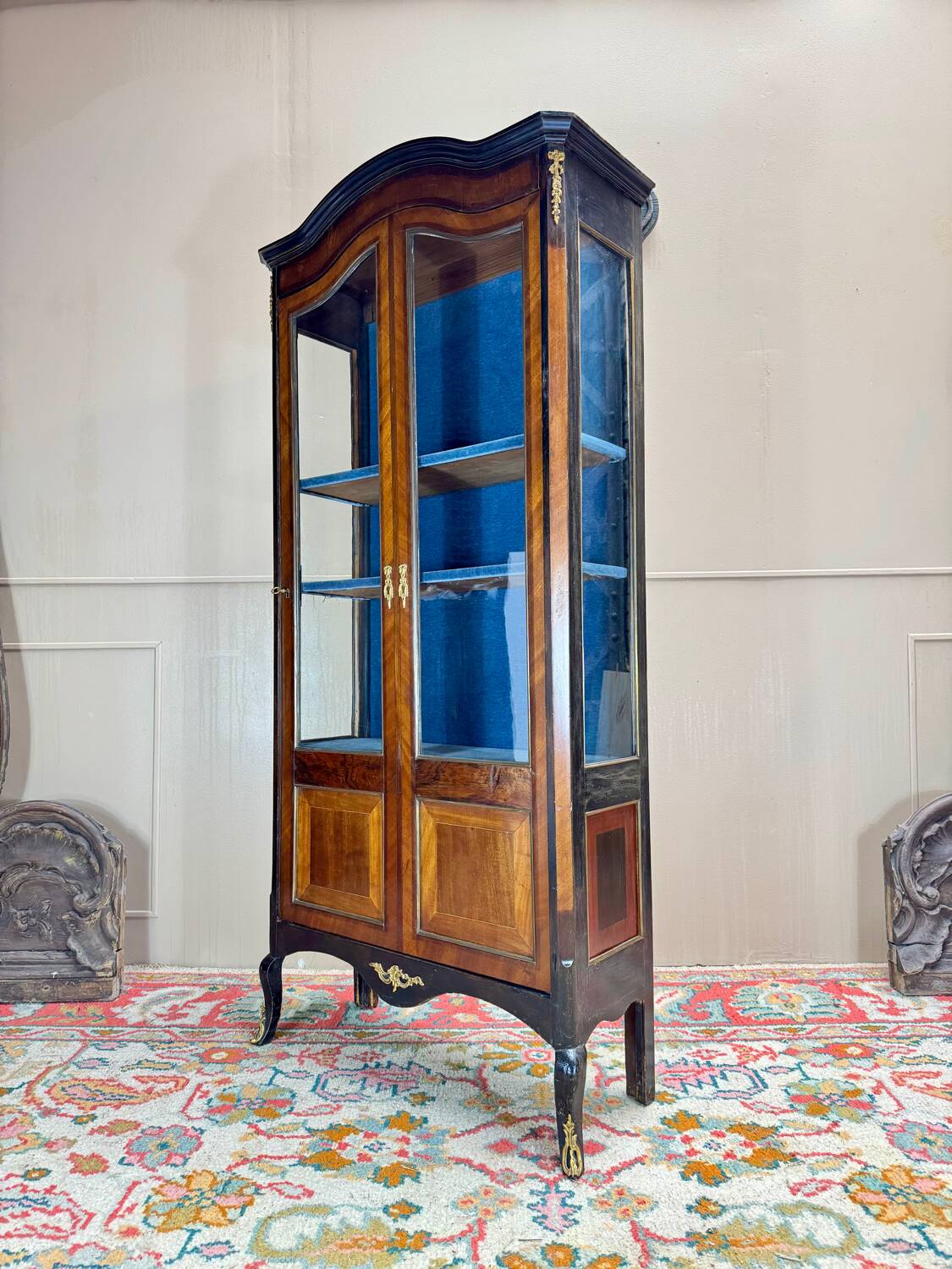 19th Century Transition Style Marquetry and Blackened Wood Display Cabinet