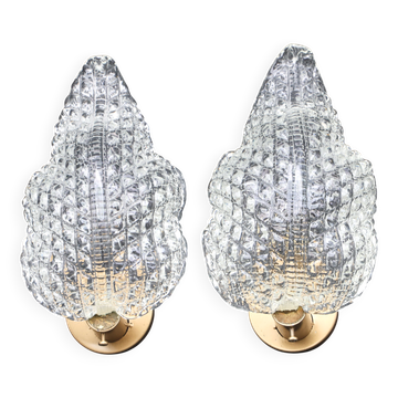 Set of 2 Wall Light Trasparent Murano Glass Leave by Barovier e Toso, 1950s