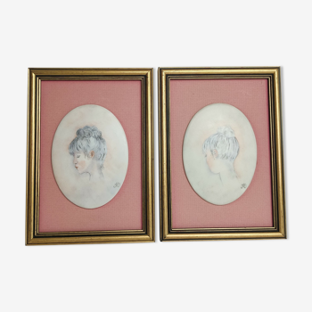 2 tableaux portrait femme sur porcelaine