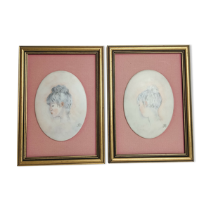 2 tableaux portrait femme sur porcelaine