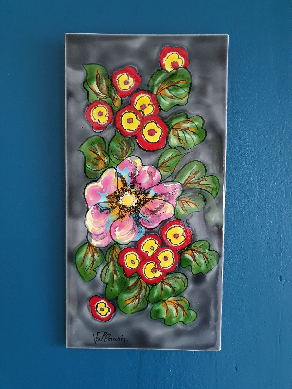 Wall plate tile / ceramic deco fleur vallauris hand painted france