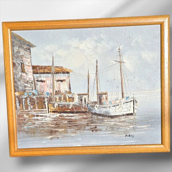 Peinture à l'huile encadrée originale signée ''Quai de pêche port