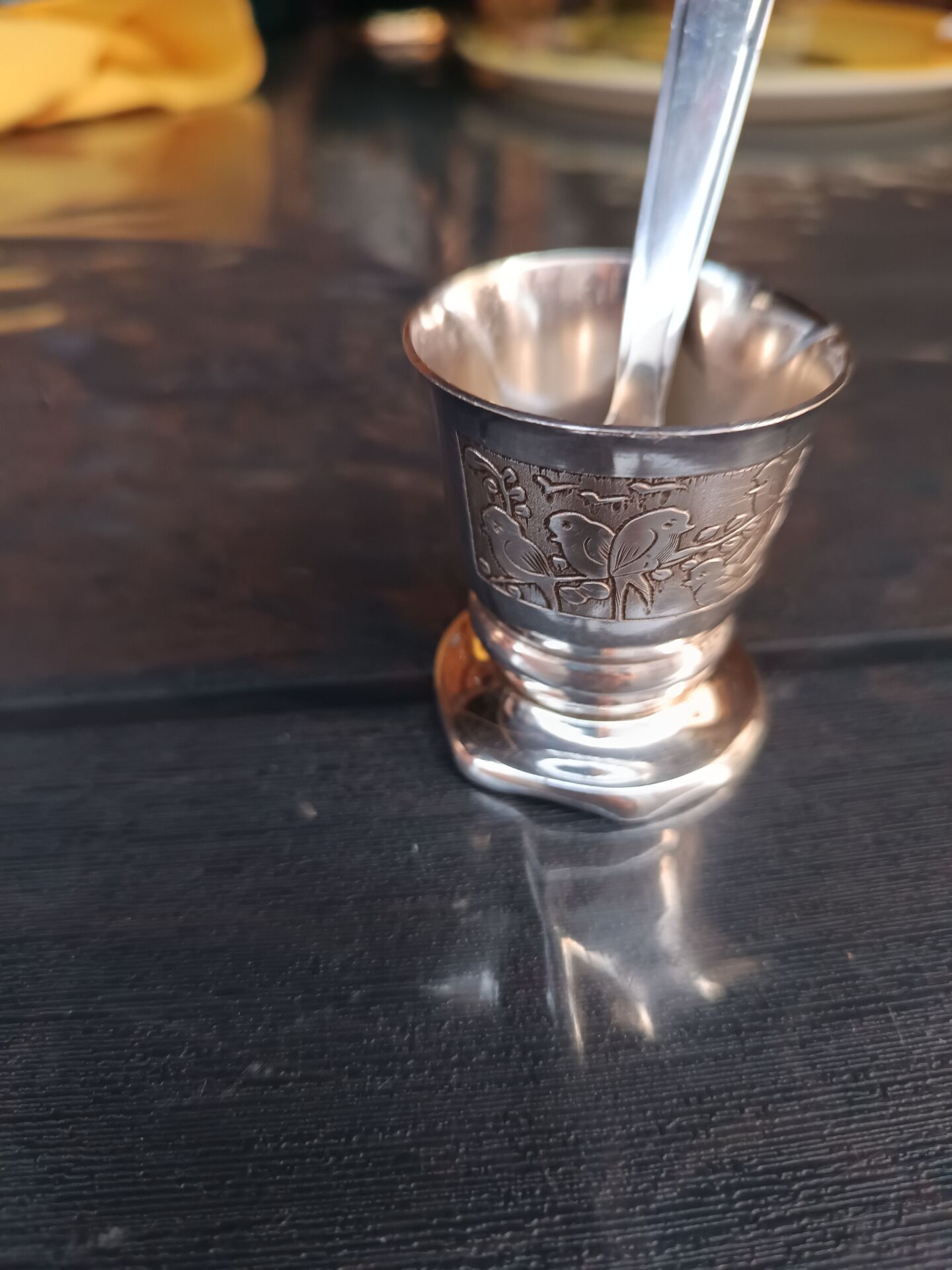 Antique Baptismal Cup + Silver-Plated Spoon - Bird Decoration -