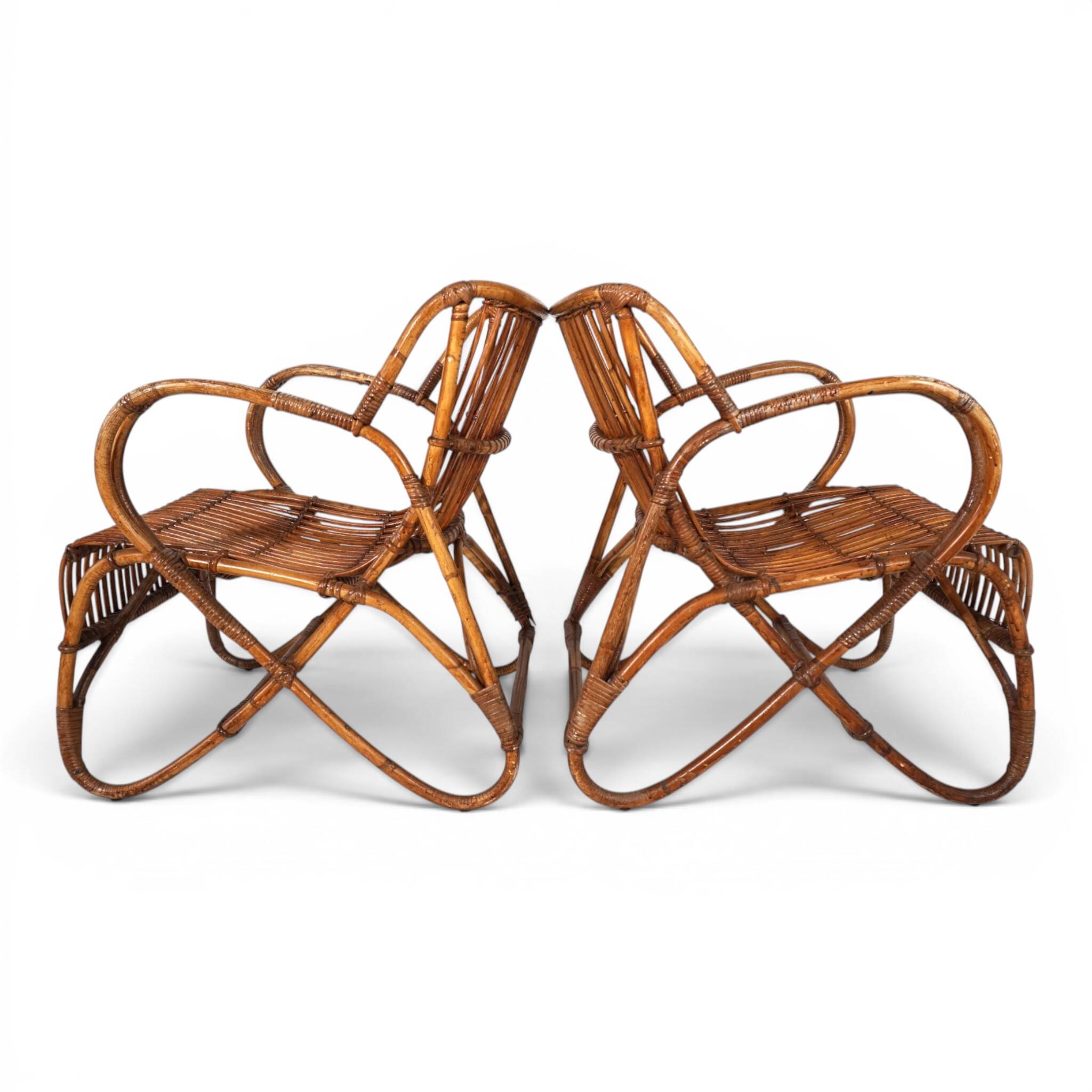 French Pair Vintage Rattan Bamboo Lounge Chairs, 1960