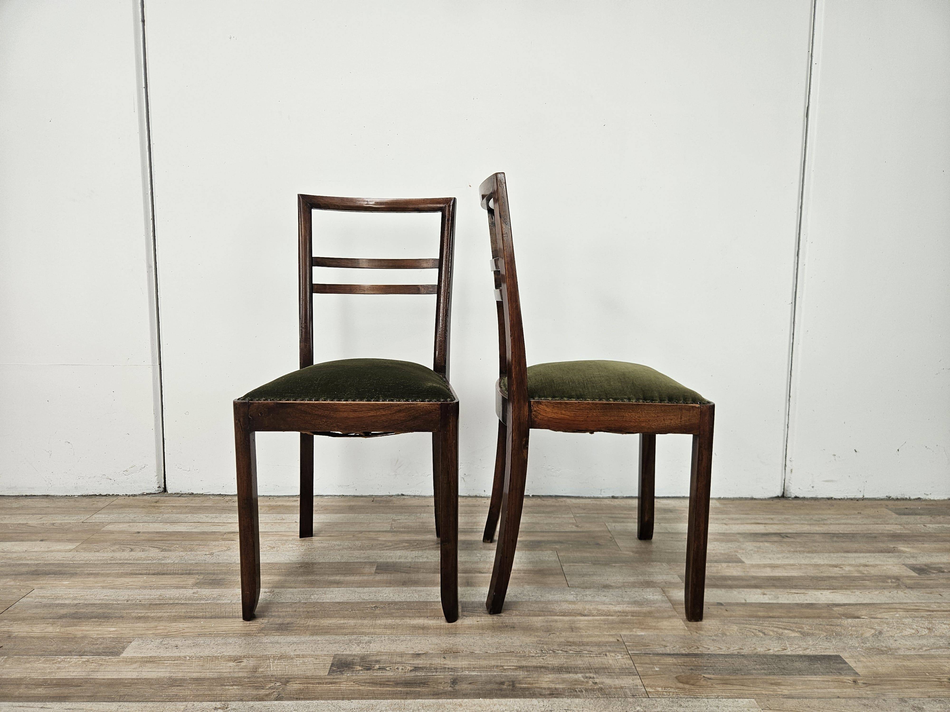 Art Decò dining chairs in walnut and fabric, 1940