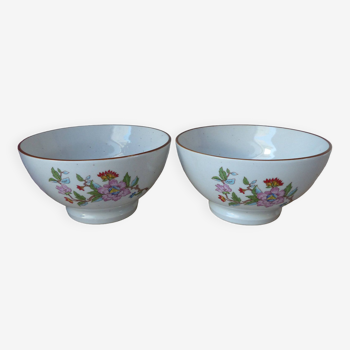 Two speckled beige ceramic breakfast bowls with pink flower decoration