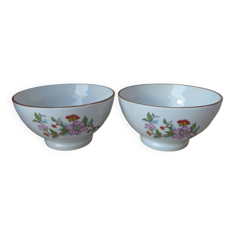 Two speckled beige ceramic breakfast bowls with pink flower decoration