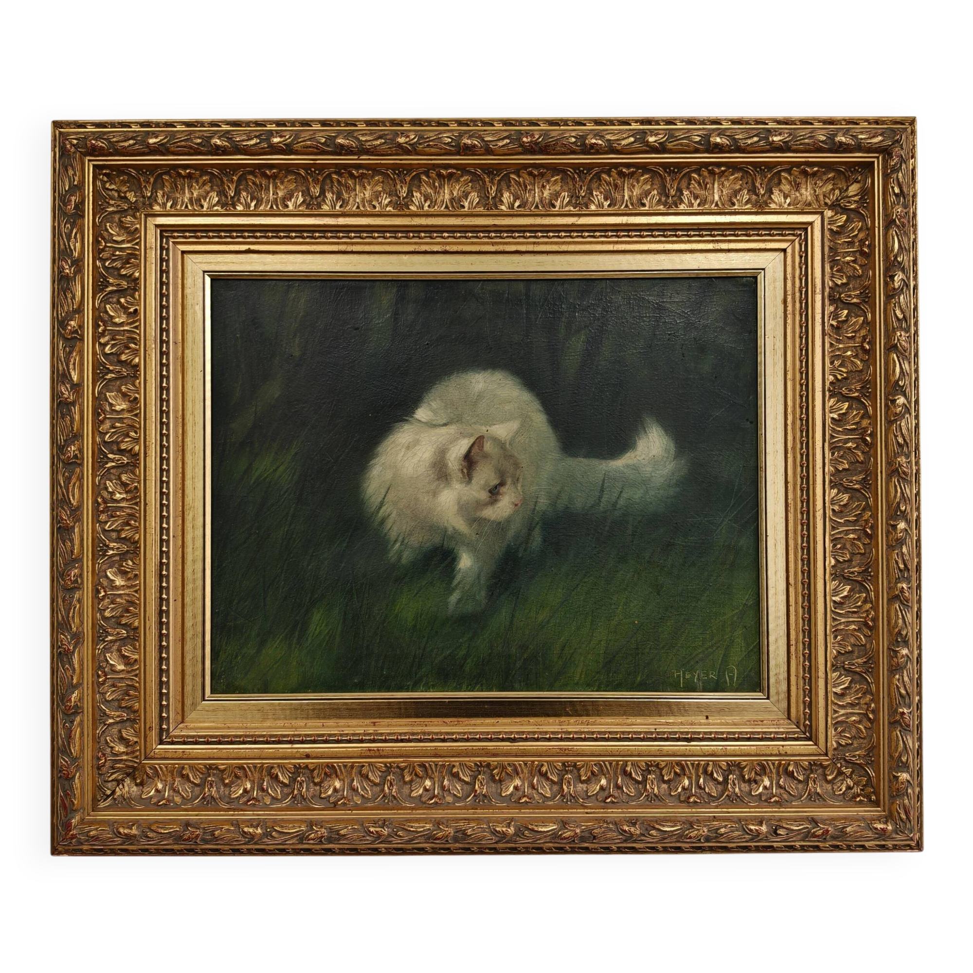 Cat in the garden, oil on canvas by Arthur Heyer, 1910s.