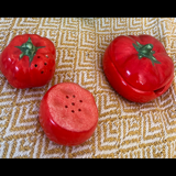Vintage earthenware set – tomato salt and pepper shakers.