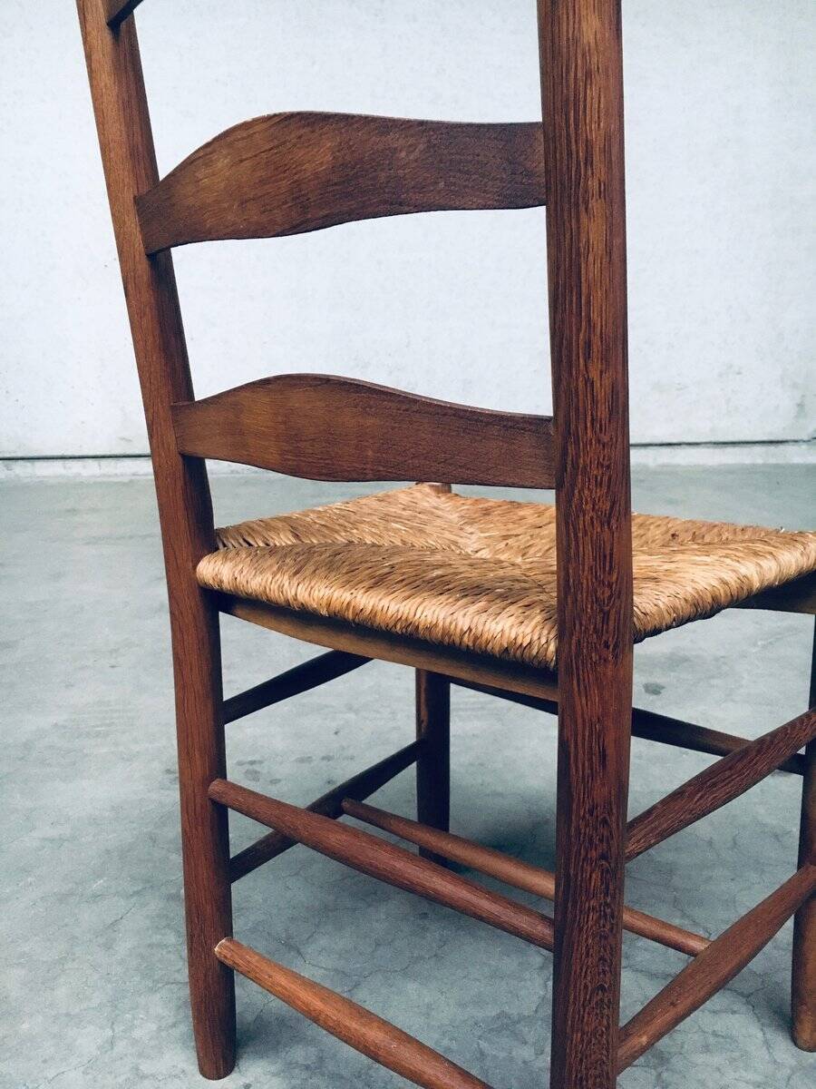 Rustic Handcrafted Oak and Rush High Back Dining Chairs, Belgium, 1940s, Set of 4