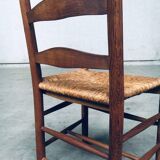 Rustic Handcrafted Oak and Rush High Back Dining Chairs, Belgium, 1940s, Set of 4
