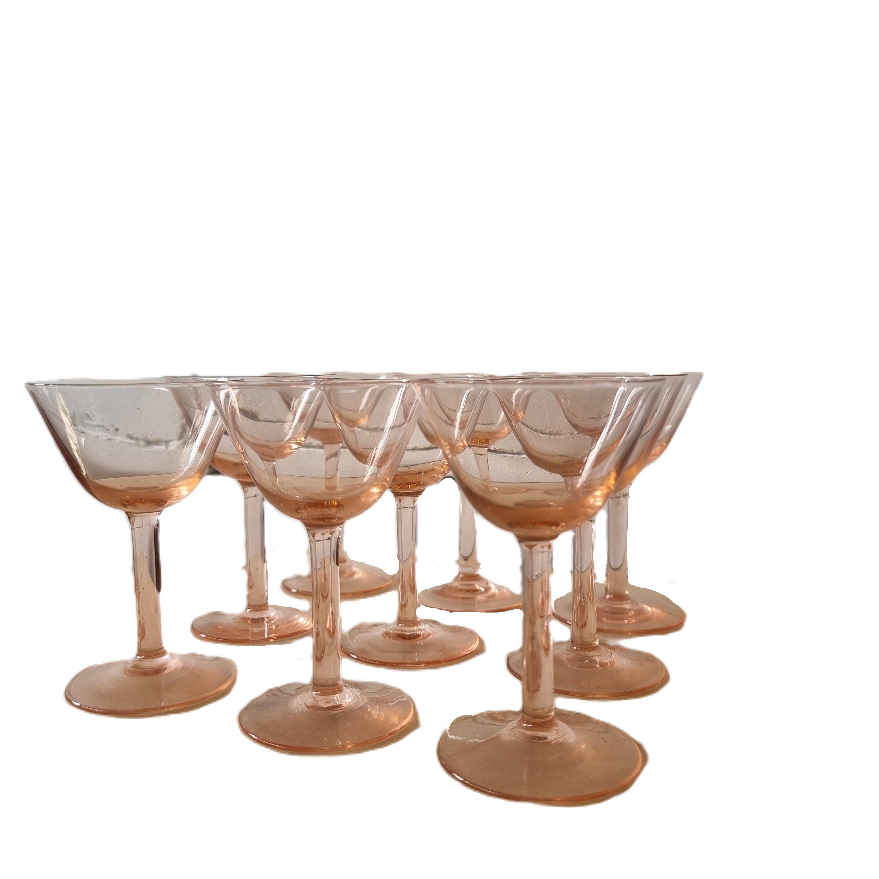 French Pink aperitif glasses set of 9, from the 1930s