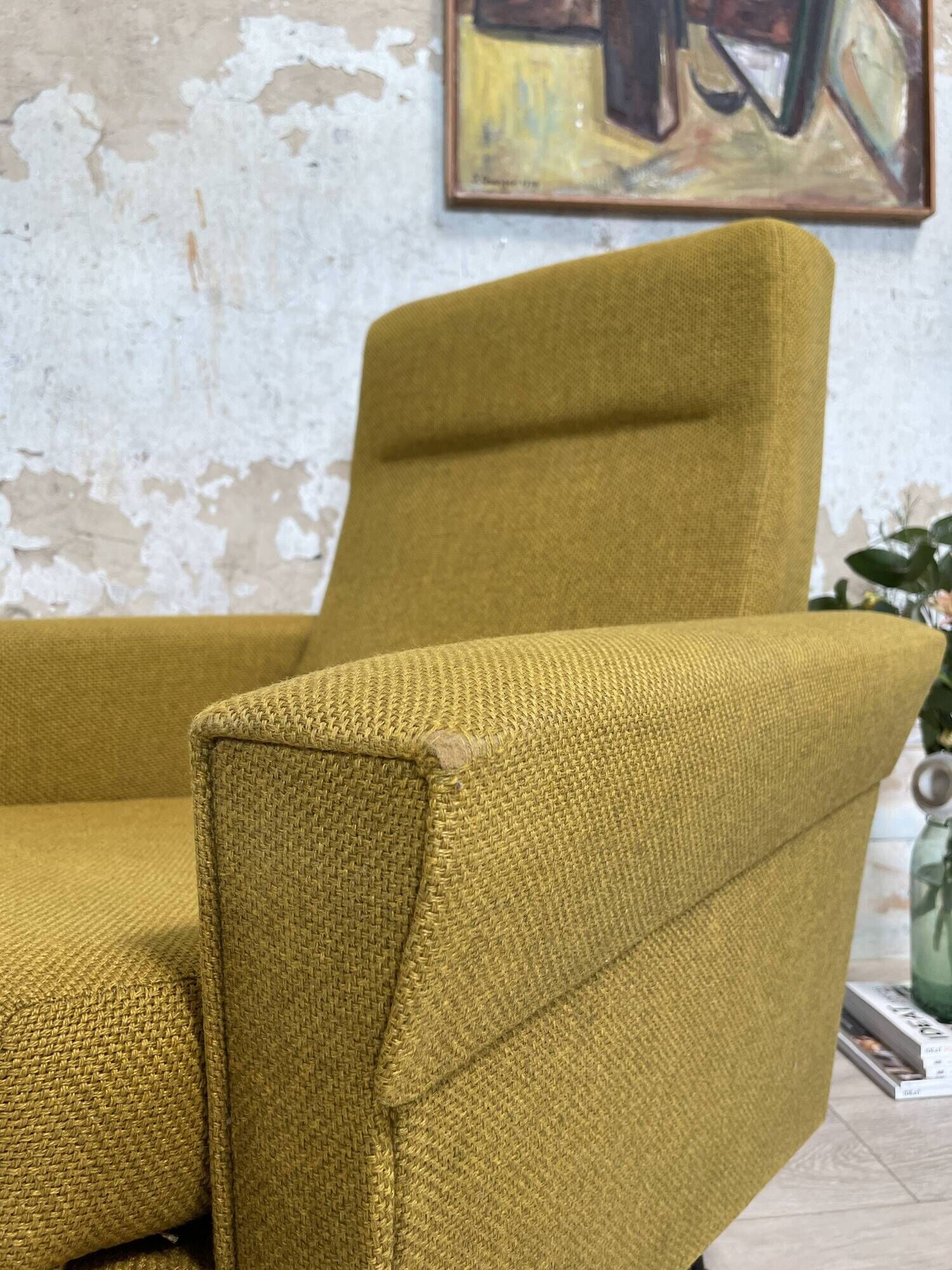 Vintage armchair in fabric and metal compass legs, circa 1950.