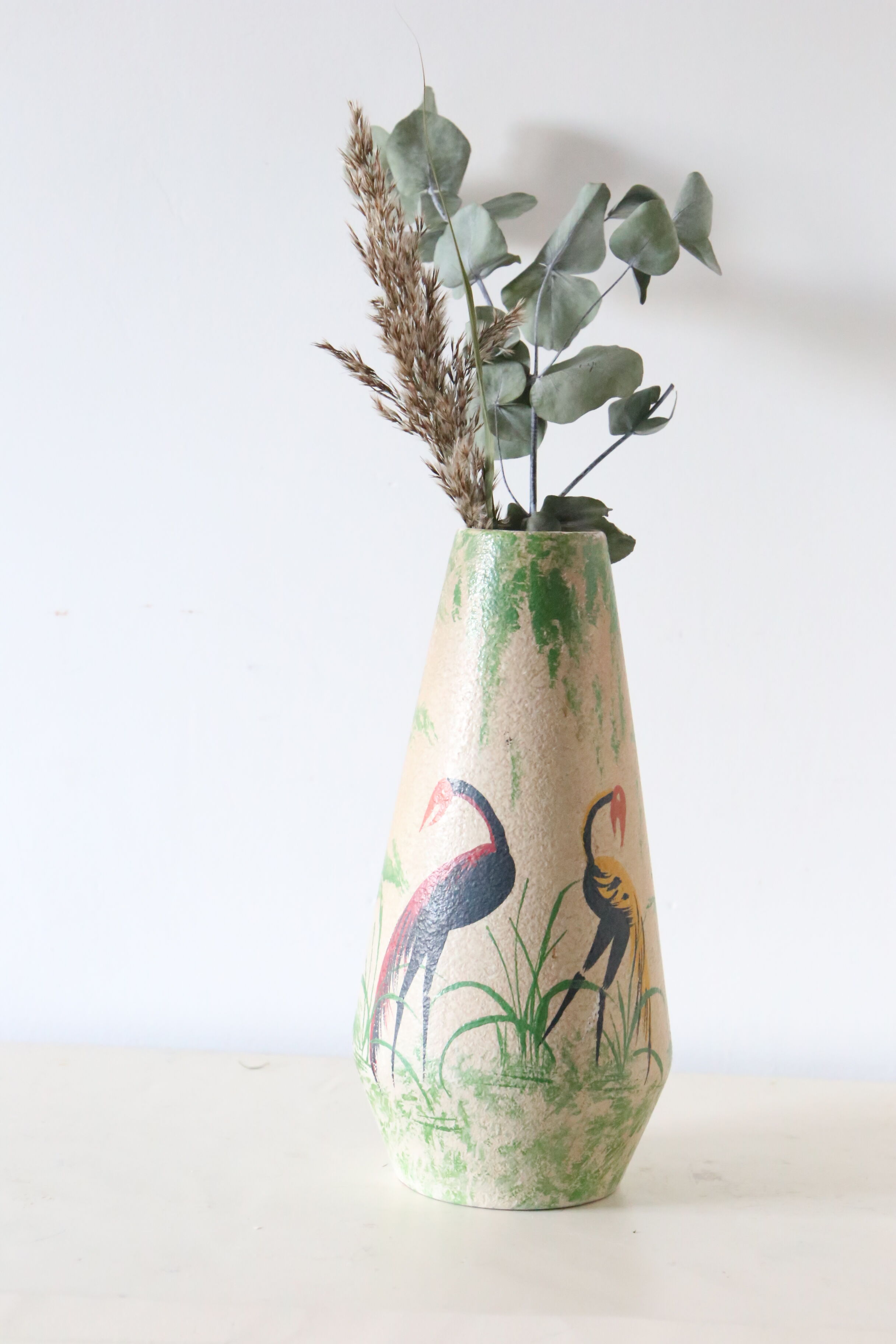 German ceramic vase foreign storks pattern, 1960