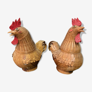 Pair of vintage wicker roosters