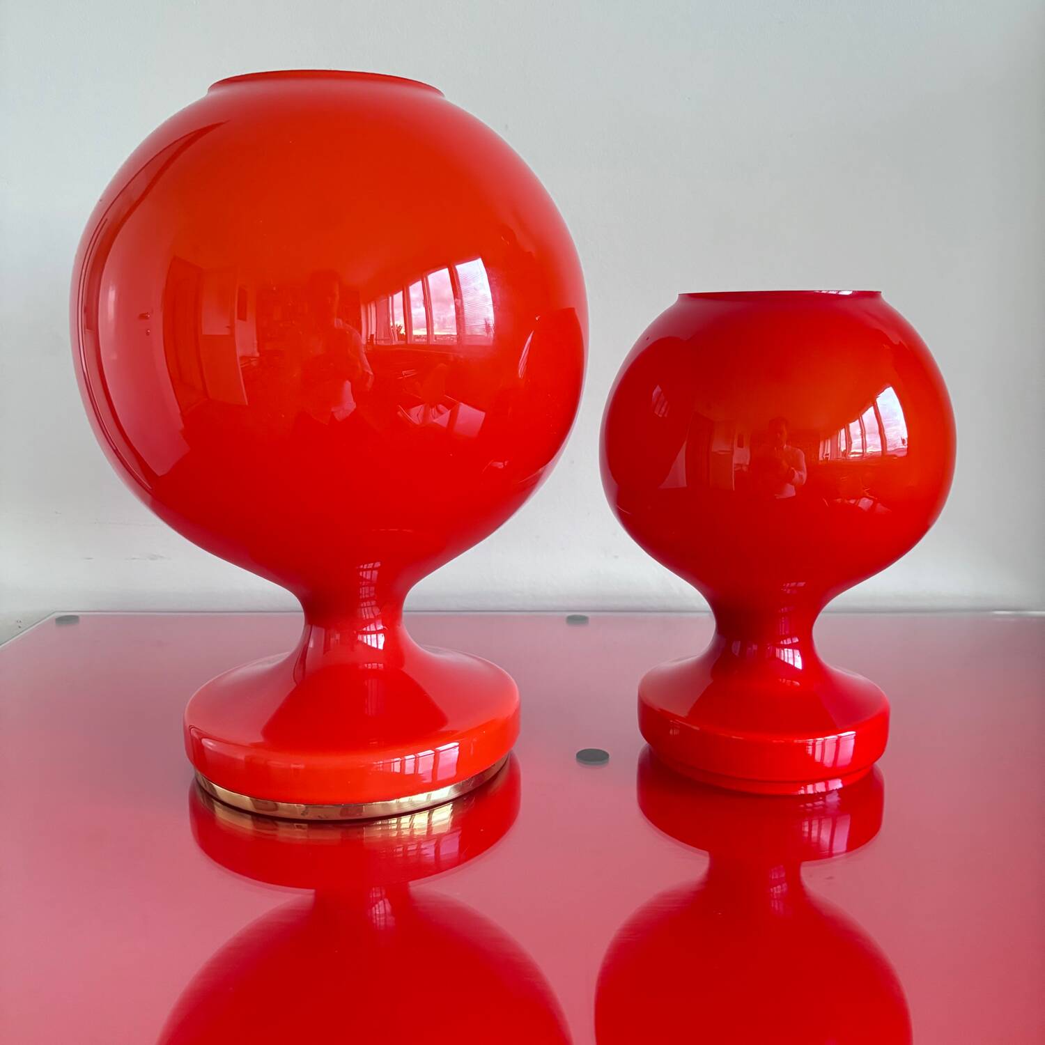 Red opaline glass table lamp, Osvetlovaci sklo, Czechoslovakia