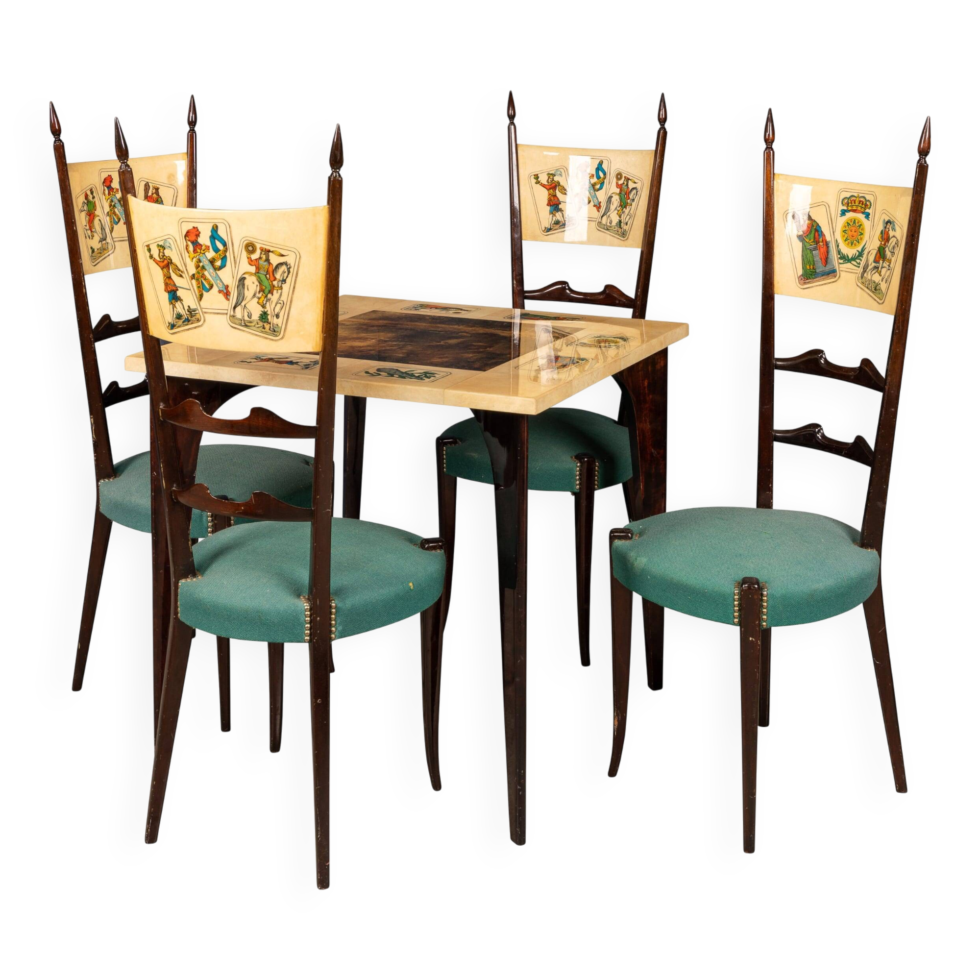 Ensemble de salle à manger italienne des années 20/ table de jeux avec motif de cartes à jouer par Aldo Tura