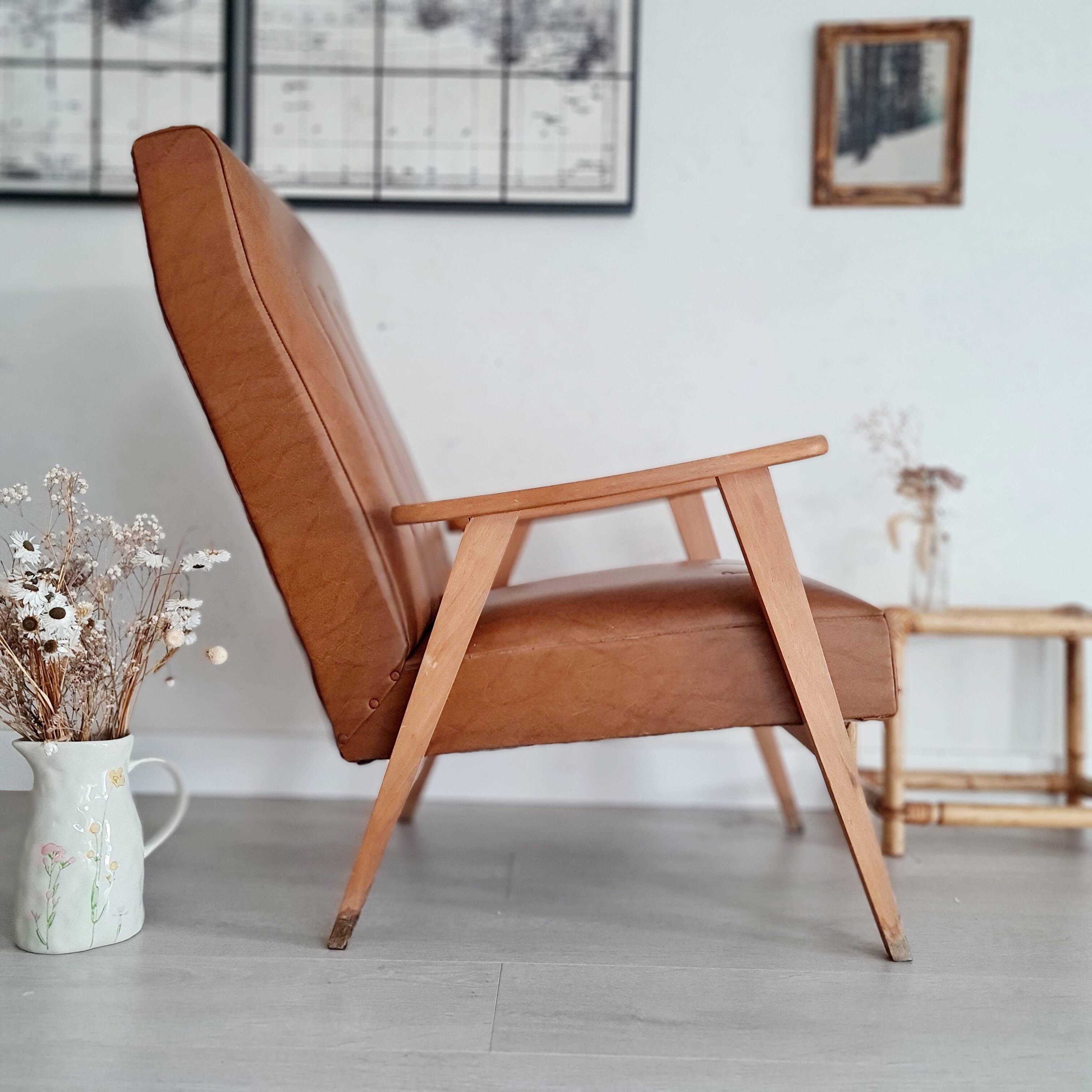 Scandinavian armchair with camel compass legs