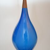 Holmegaard pendant lamp large model in blue blown glass and teak, Denmark, Poulsen
