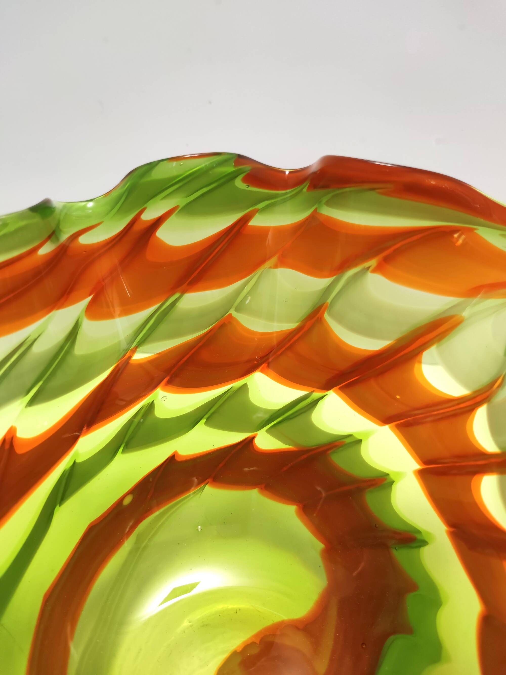 Postmodern Green and Orange Murano Glass Fazzoletto Vase by Fratelli Toso, Italy