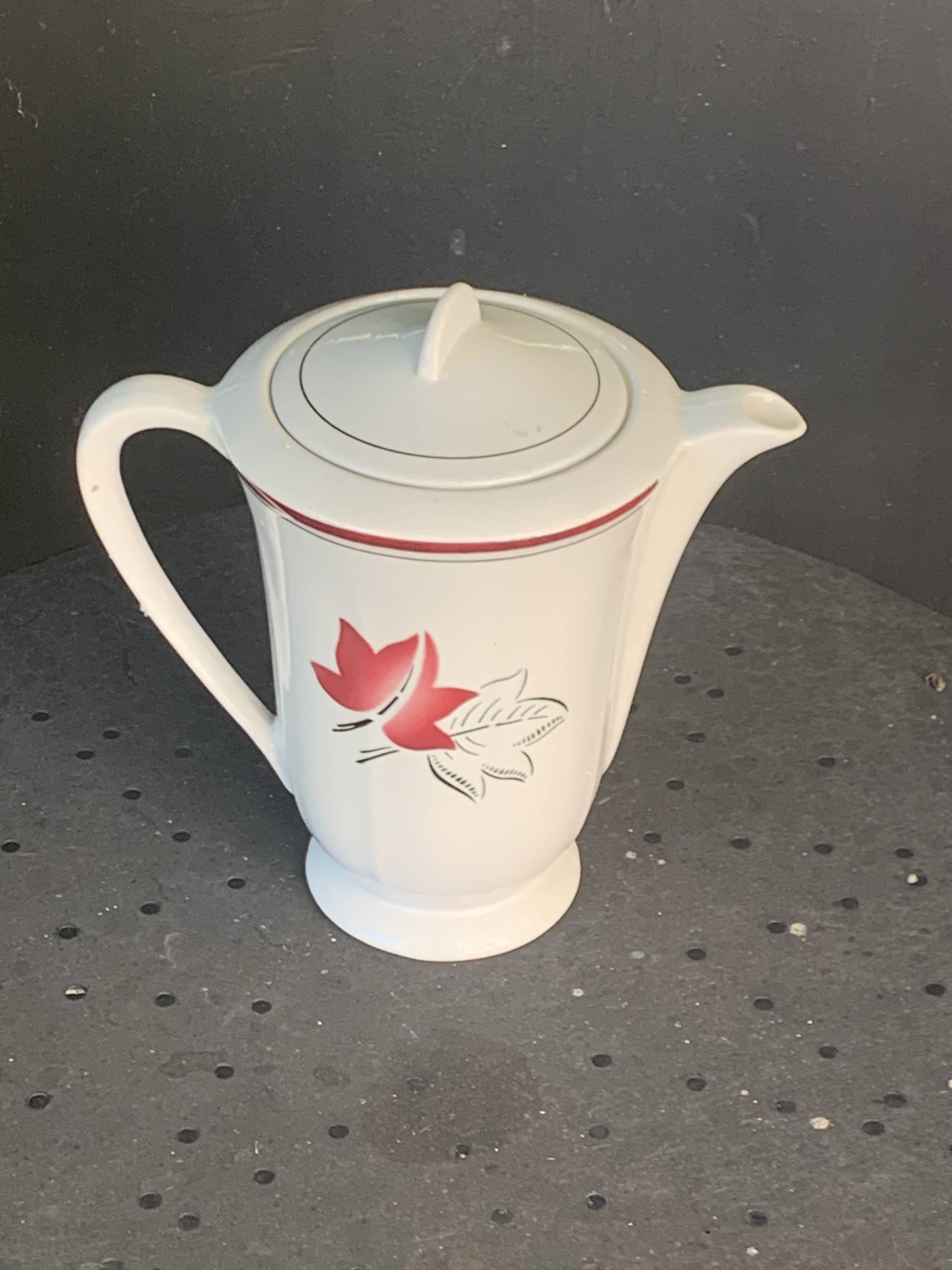 White earthenware coffee pot with red leaf decoration, art deco