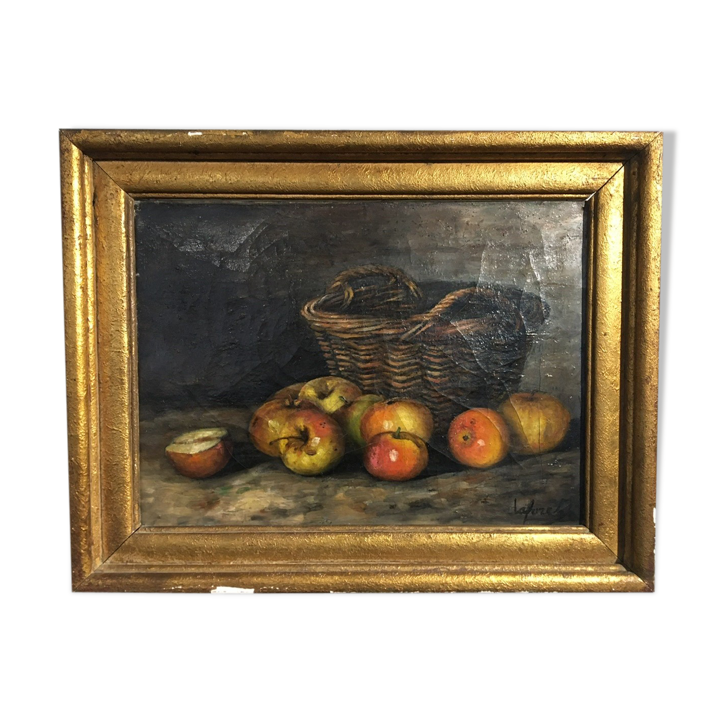 Table still life with apples and basket, signed at the beginning of the 20th century