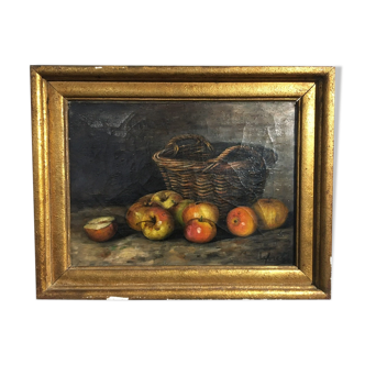 Table still life with apples and basket, signed at the beginning of the 20th century