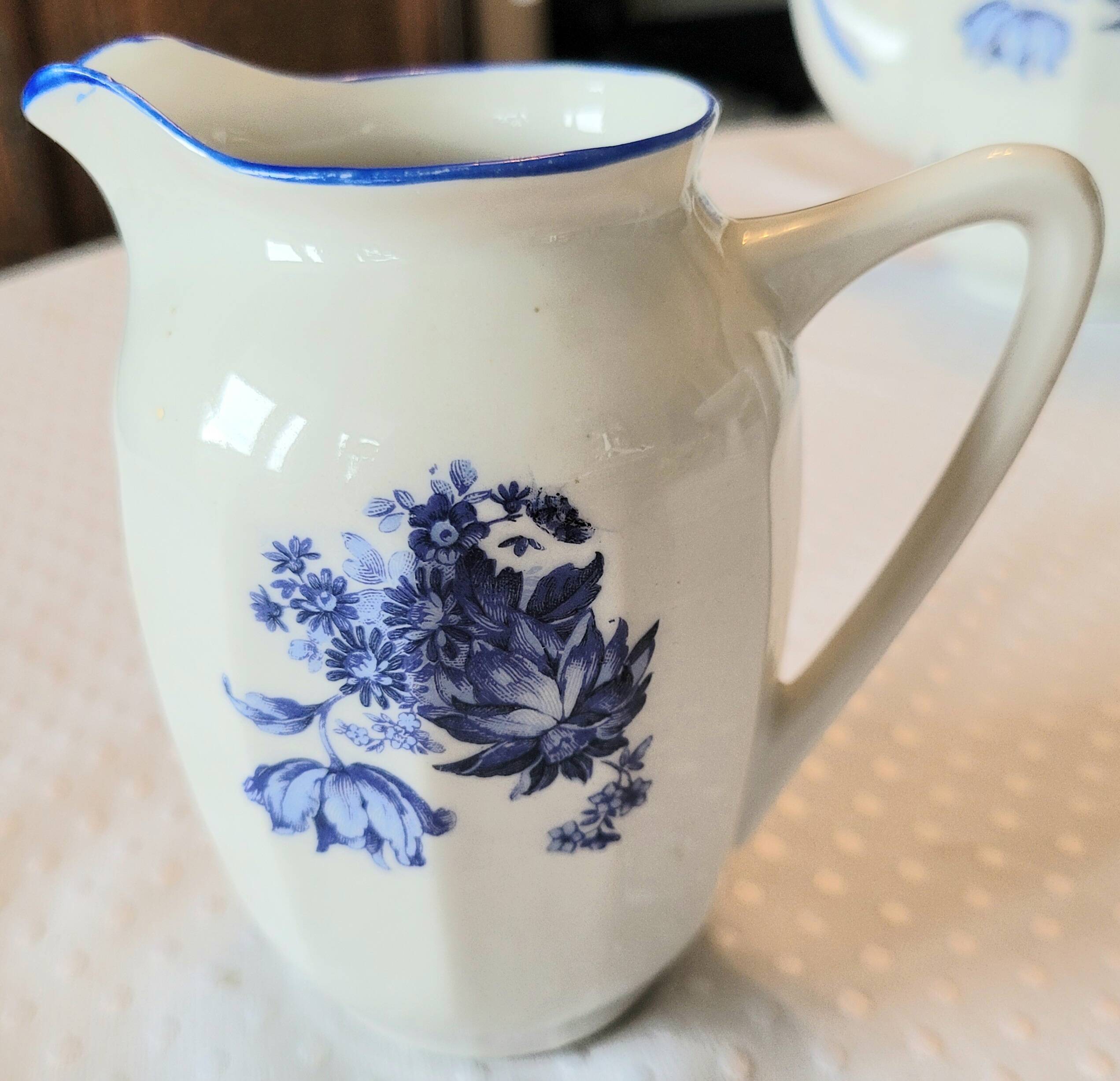 Blue and white ceramic coffee service with vintage flowers.