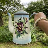 Cafetière ancienne Japy en tôle émaillée fleurs de pensée